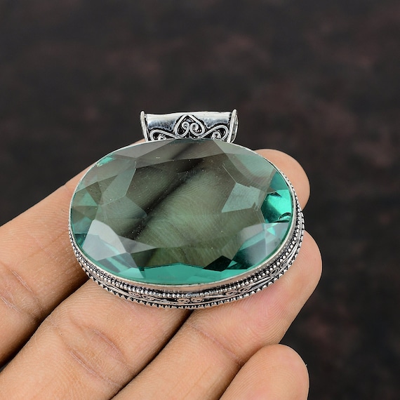 Faceted Green Amethyst Pendant: Handmade 925 Sterling Silver Boho Jewelry Faceted Green Amethyst Pendant: Handmade 925 Sterling Silver Boho Jewelry