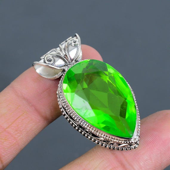 Faceted Green Amethyst Pendant: Vintage 925 Sterling Silver Jewelry