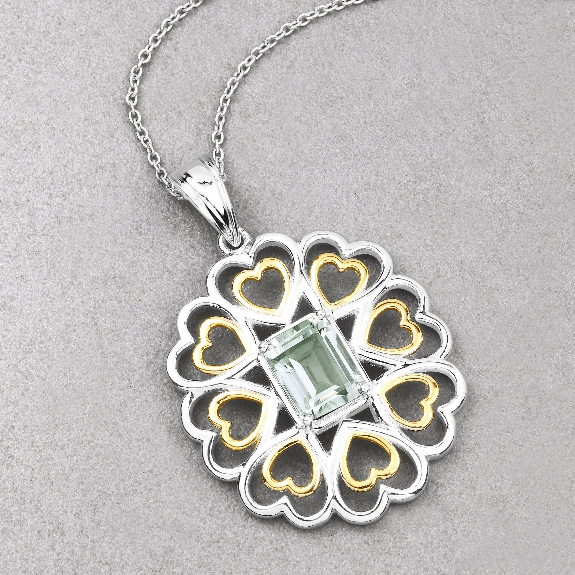 Genuine Green Amethyst Sterling Silver Two-tone Filigree Heart Pendant Necklace, February Birthstone Pendant, Bridesmaid Gift