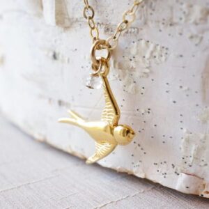 Gold Vermeil Swallow Necklace, Green Amethyst, Bird Pendant