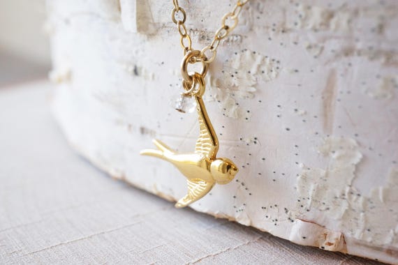 Gold Vermeil Swallow Necklace, Green Amethyst, Bird Pendant