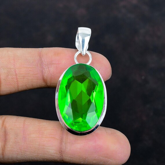 Handmade Faceted Green Amethyst Pendant: 925 Sterling Silver Jewelry