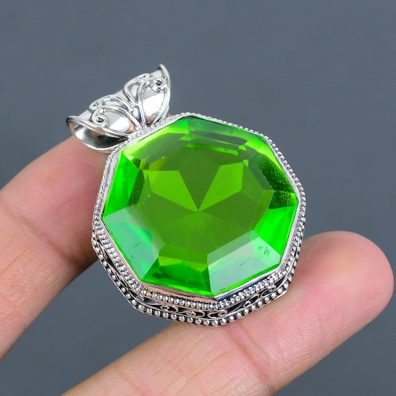 Handmade Faceted Green Amethyst Pendant: Vintage Sterling Silver Jewelry