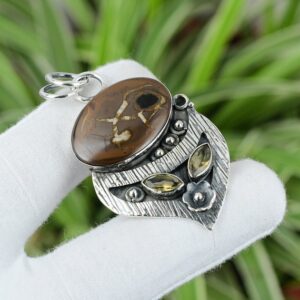 Handmade Moroccan Mud Crack Fossil & Green Amethyst 925 Sterling Silver Pendant