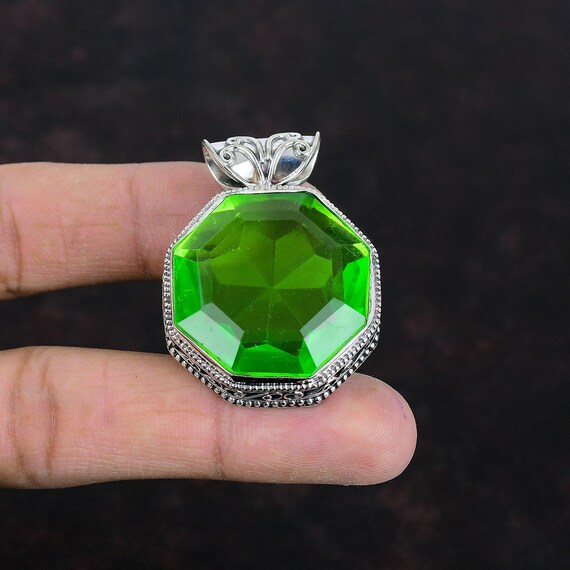 Handmade Green Amethyst Pendant: Octagon Sterling Silver Vintage Jewelry
