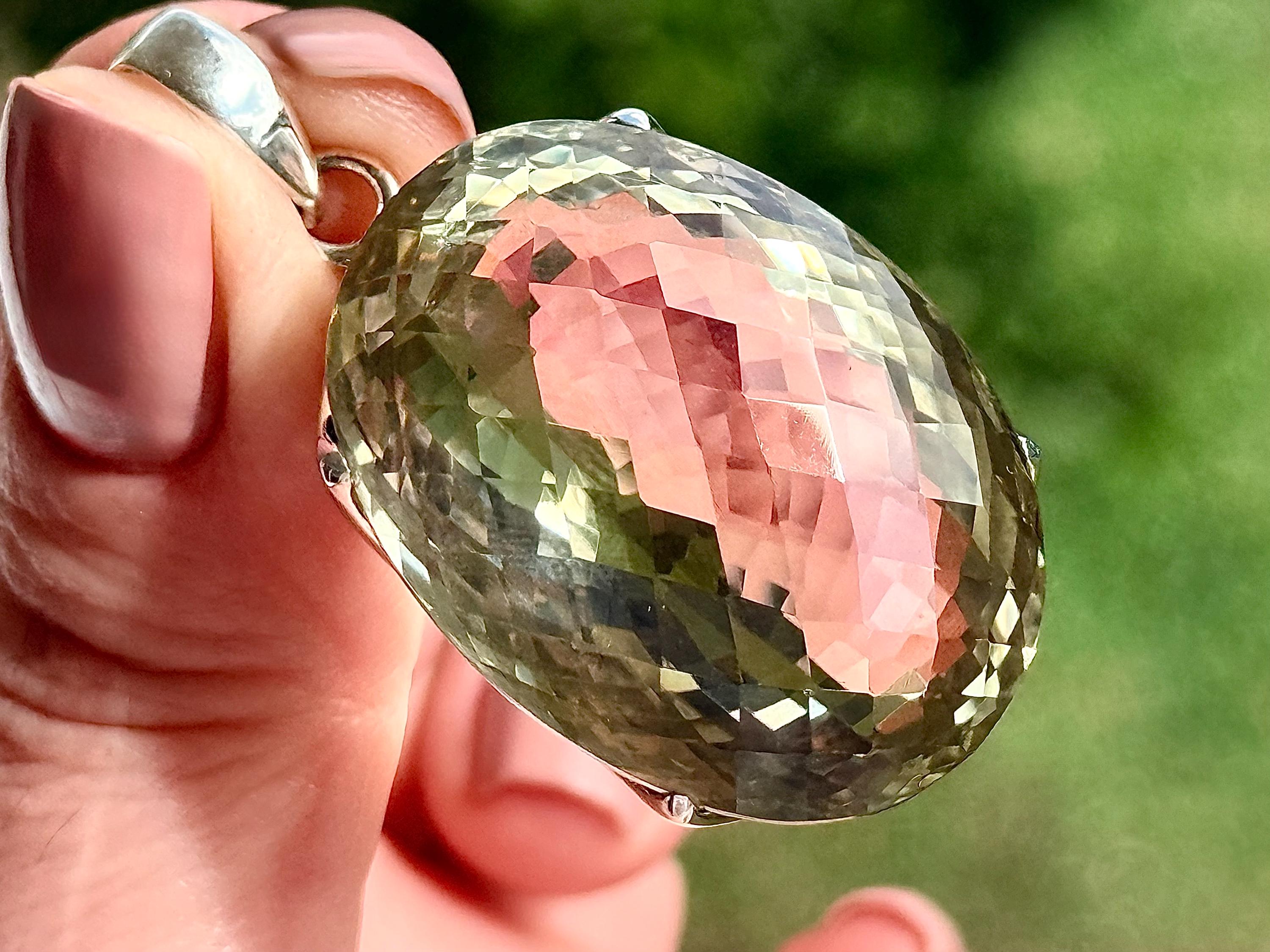 Huge! 99 Ct Brazilian Green Amethyst Pendant, 925 Sterling Silver, Faceted Prasiolite Statement Necklace