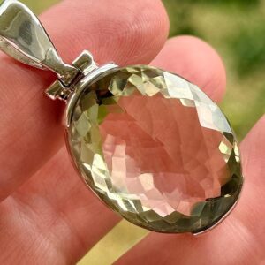 Huge! Brazilian Green Amethyst Pendant, 925 Sterling Silver, Faceted Prasiolite Statement Necklace