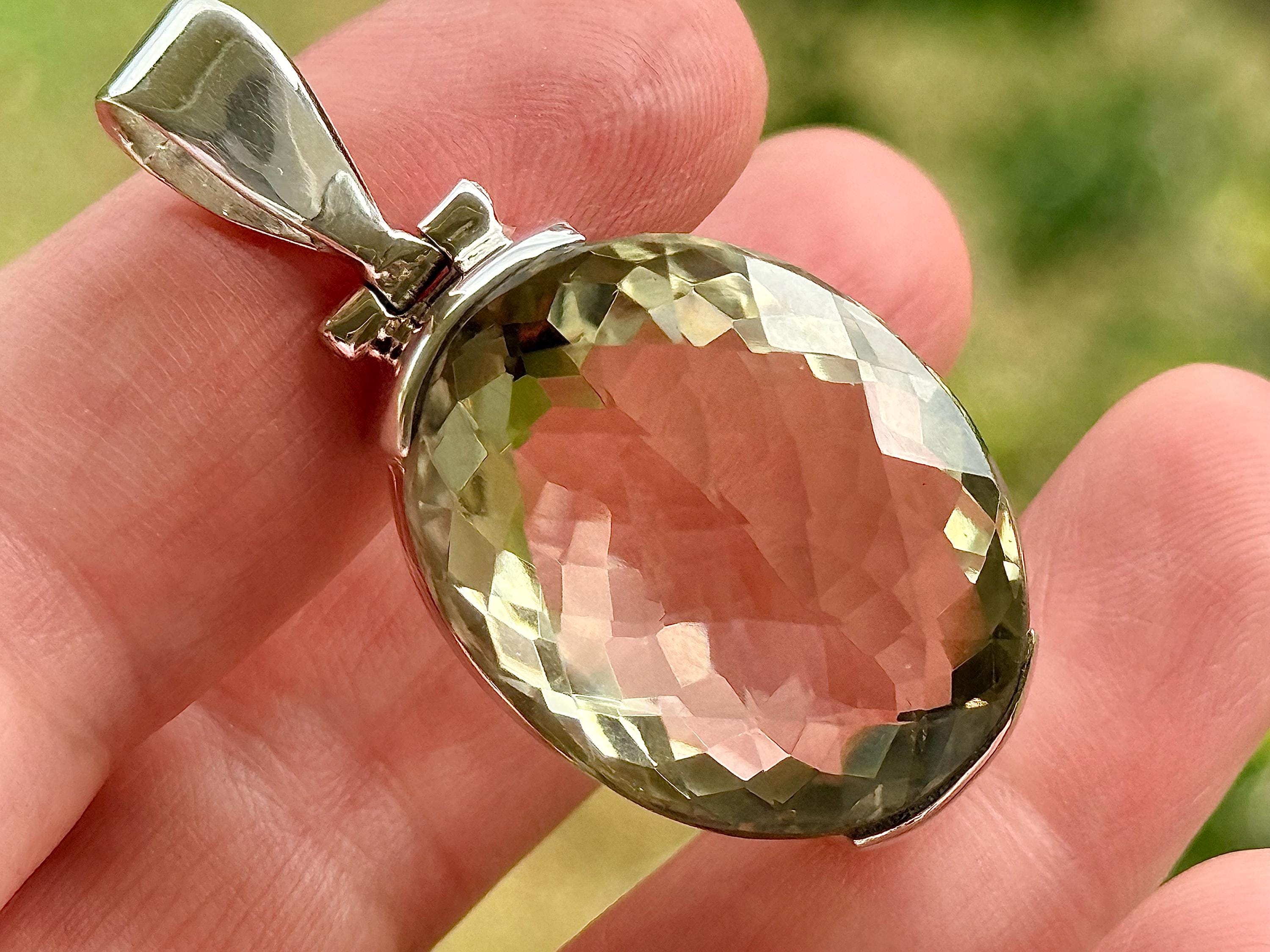 Huge! Brazilian Green Amethyst Pendant, 925 Sterling Silver, Faceted Prasiolite Statement Necklace