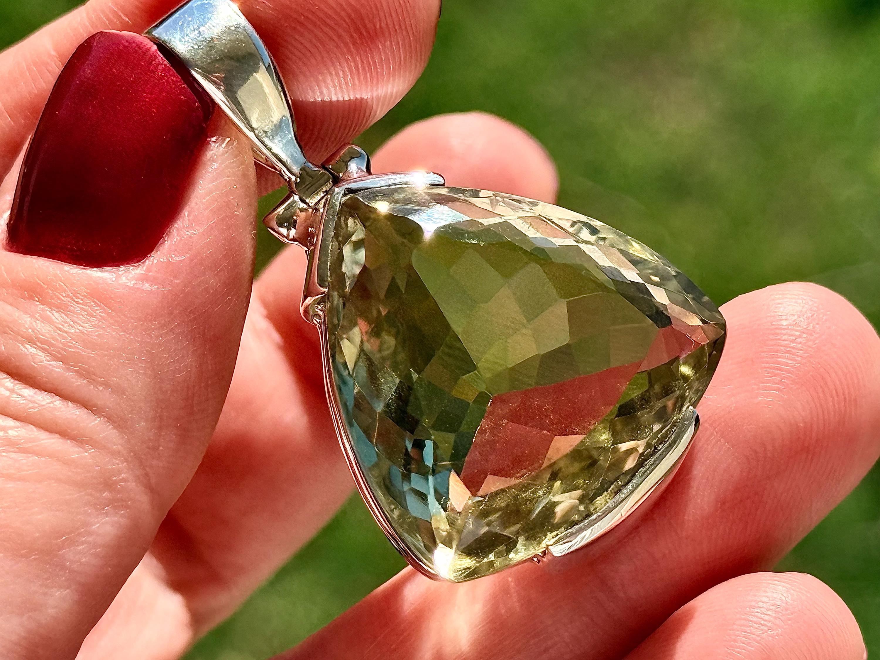 Huge Brazilian Green Amethyst Trillion Pendant, Prasiolite, 925 Sterling Silver