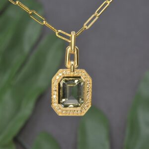 Large HEXAGON GREEN AMETHYST Necklace in 14kt gold with paperclip link chain, Green amethyst pendant, Birthday gift for her, Green necklace