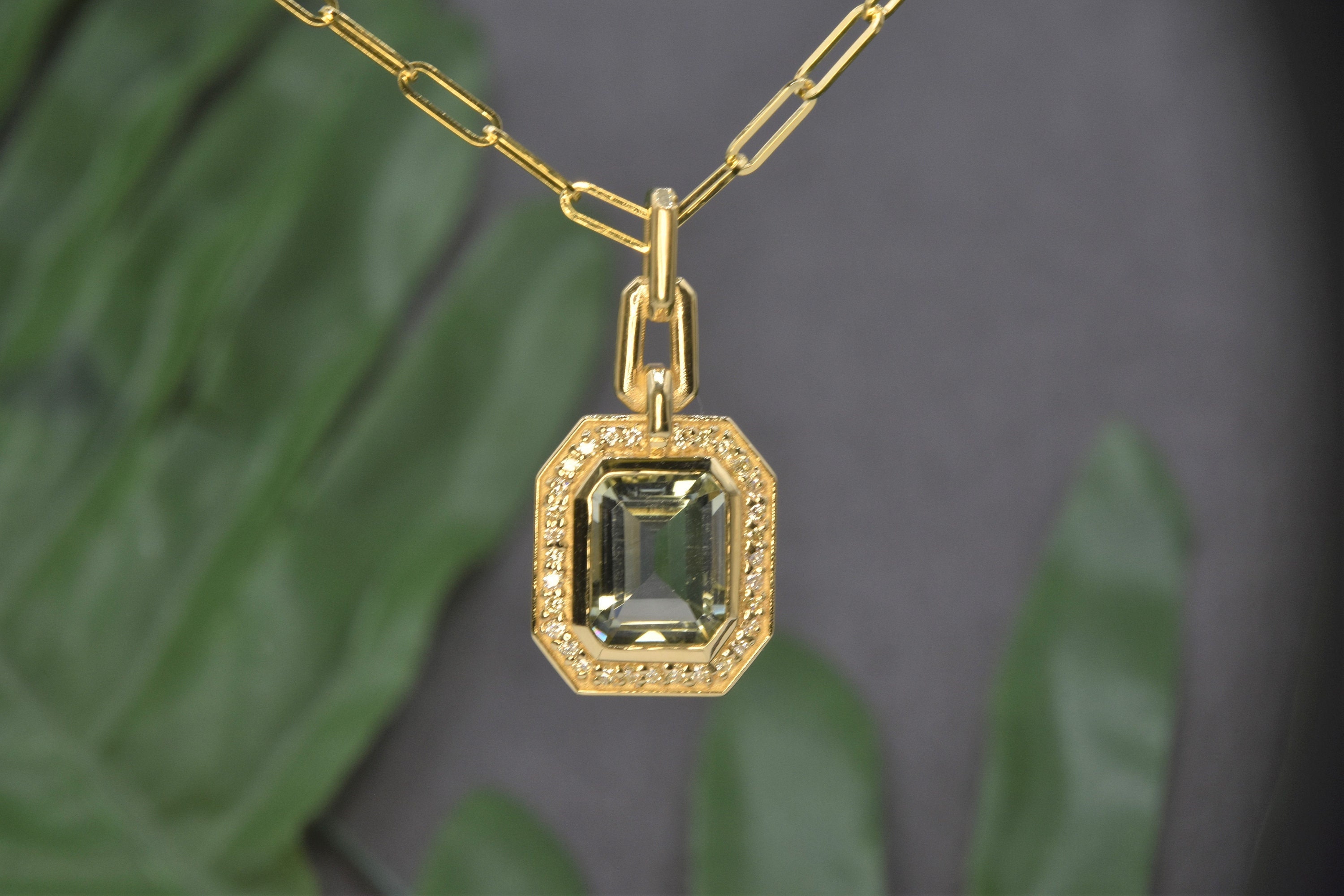 Large Hexagon Green Amethyst Necklace In 14kt Gold With Paperclip Link Chain, Green Amethyst Pendant, Birthday Gift For Her, Green Necklace Large Hexagon Green Amethyst Necklace In 14kt Gold With Paperclip Link Chain, Green Amethyst Pendant, Birthday Gift For Her, Green Necklace