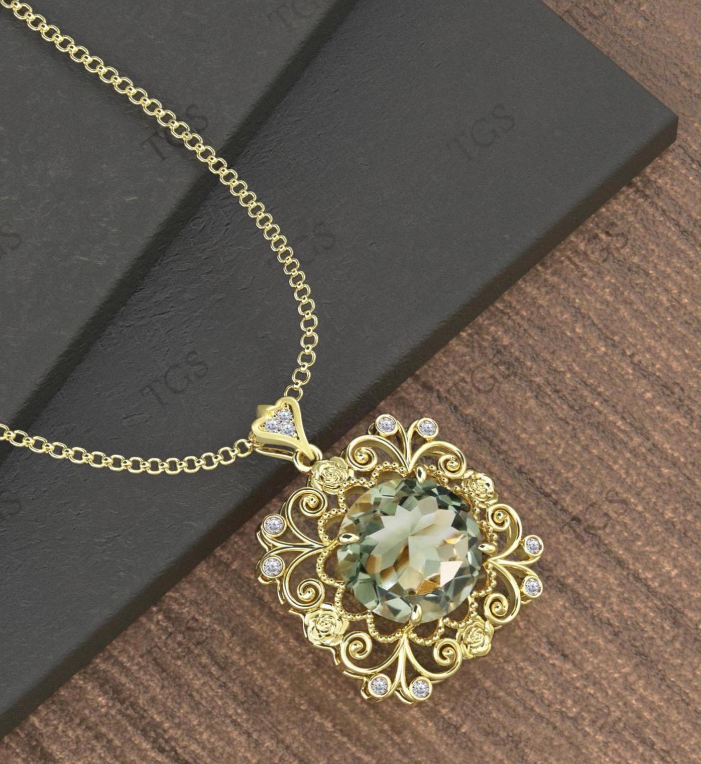 Natural Green Amethyst Pendant For Women 925 Silver Amethyst Statement Pendant Art Deco Filigree Style Wedding Pendant Unique Floral Pendant