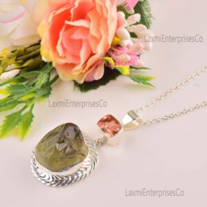 Natural Green Amethyst & Peach Quartz Pendant Necklace, Silver Plated Brass Gemstone Jewelry, Handmade Crystal Gift