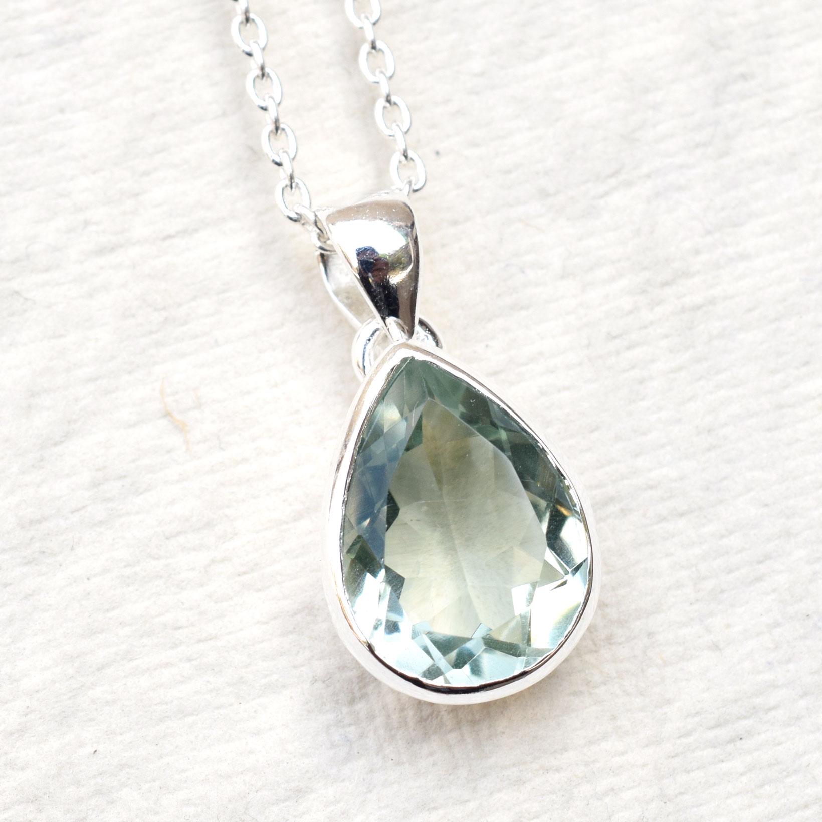 Natural Green Amethyst Pear Pendant, Sterling Silver Bezel Setting (12x16mm)