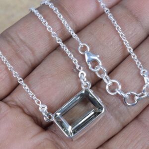 Green Amethyst Necklace: 925 Sterling Silver Rectangle Pendant, February Birthstone
