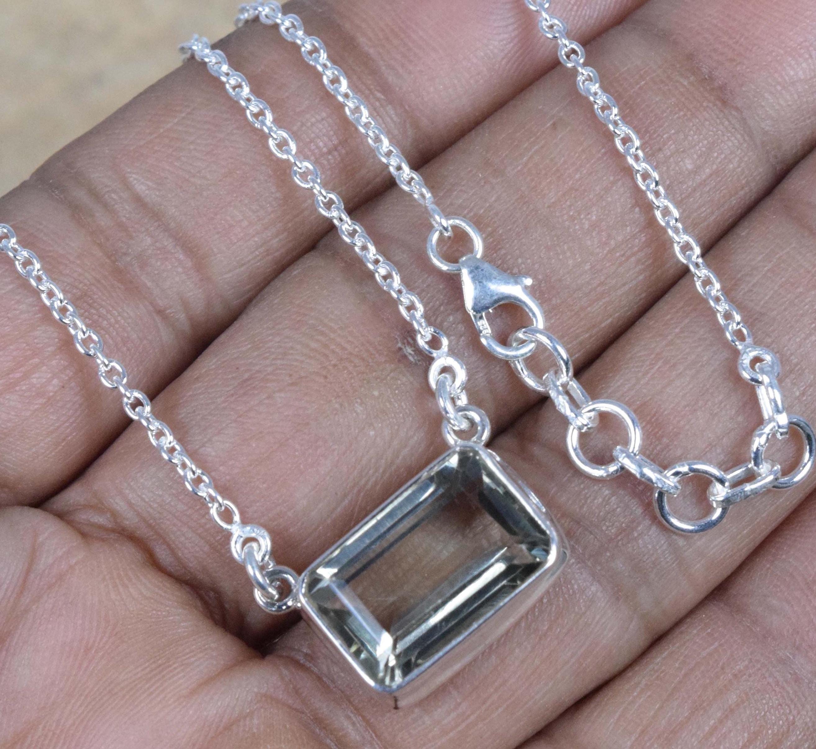 Green Amethyst Necklace: 925 Sterling Silver Rectangle Pendant, February Birthstone