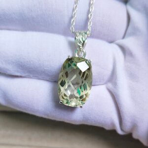 Green Amethyst Pendant, Green Amethyst Necklace, Fancy Net Concave Cut Green Amethyst Pendant Long Cushion Green Amethyst Pendant With Chain