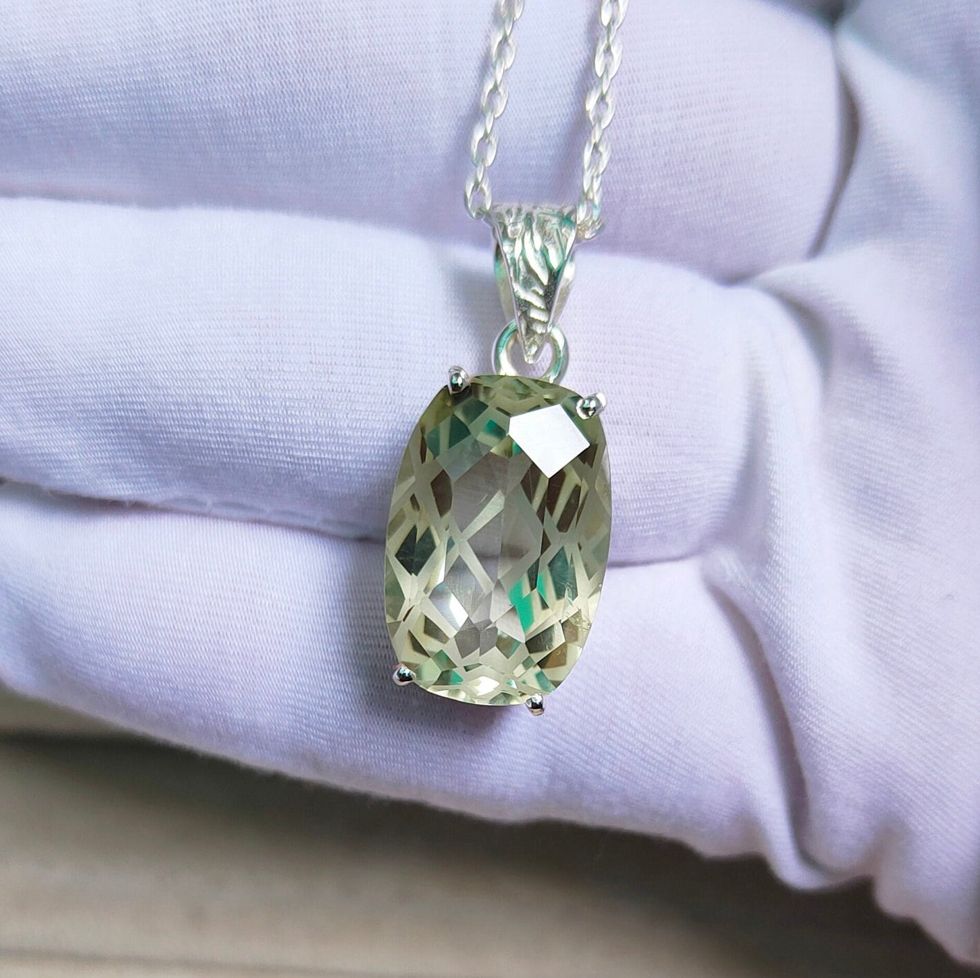 Green Amethyst Pendant, Green Amethyst Necklace, Fancy Net Concave Cut Green Amethyst Pendant Long Cushion Green Amethyst Pendant With Chain