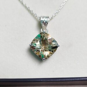Green Amethyst Pendant, Green Amethyst Necklace, Fancy Net Concave Cut Green Amethyst Pendant, Cushion Green Amethyst Pendant With Chain