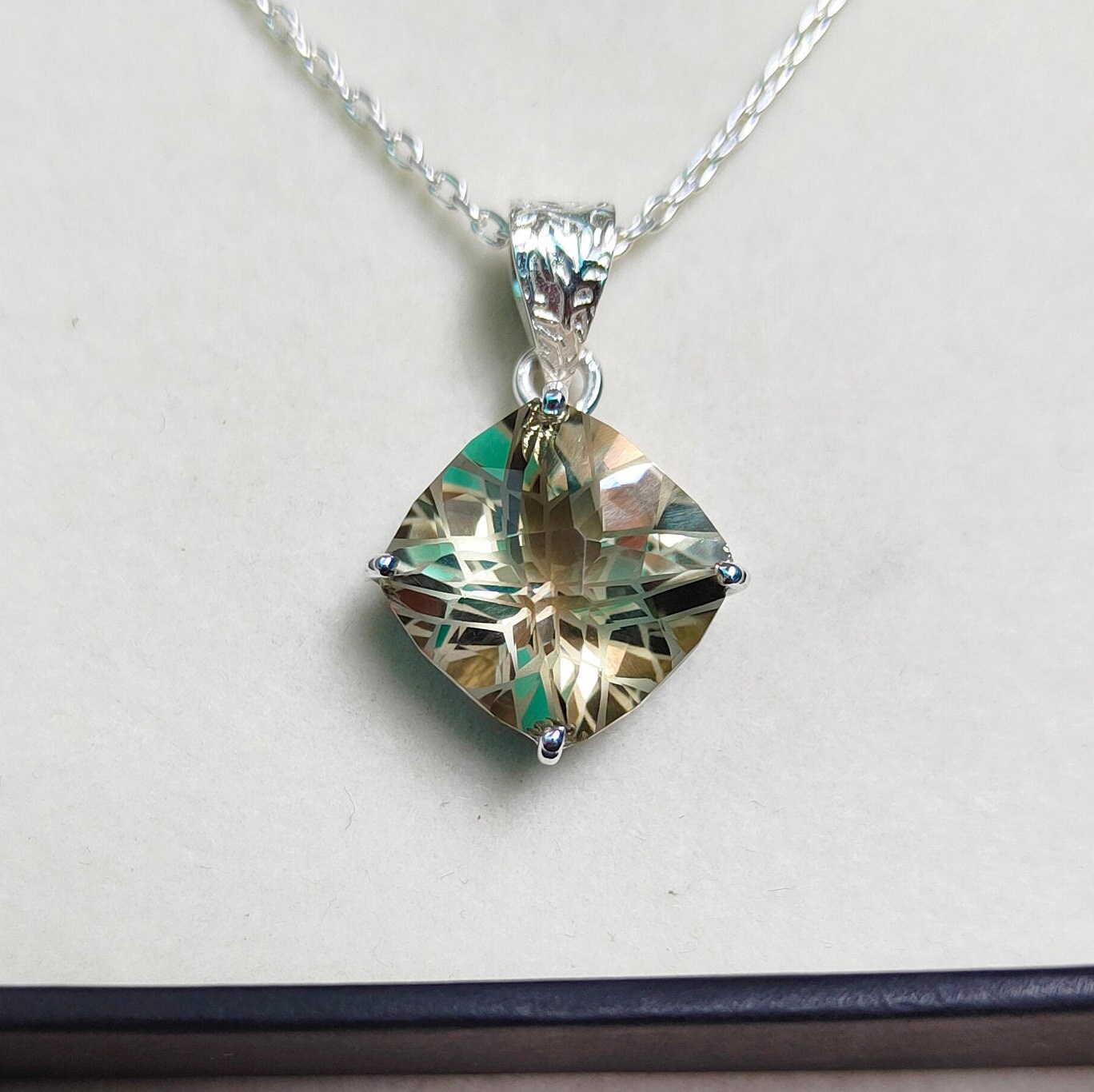 Green Amethyst Pendant, Green Amethyst Necklace, Fancy Net Concave Cut Green Amethyst Pendant, Cushion Green Amethyst Pendant With Chain