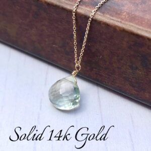 Green Amethyst Necklace, February Birthstone, Mint Green Teardrop Pendant, Solid 14k Gold, Real Gold Jewelry, Minimal Layering, Gift for her