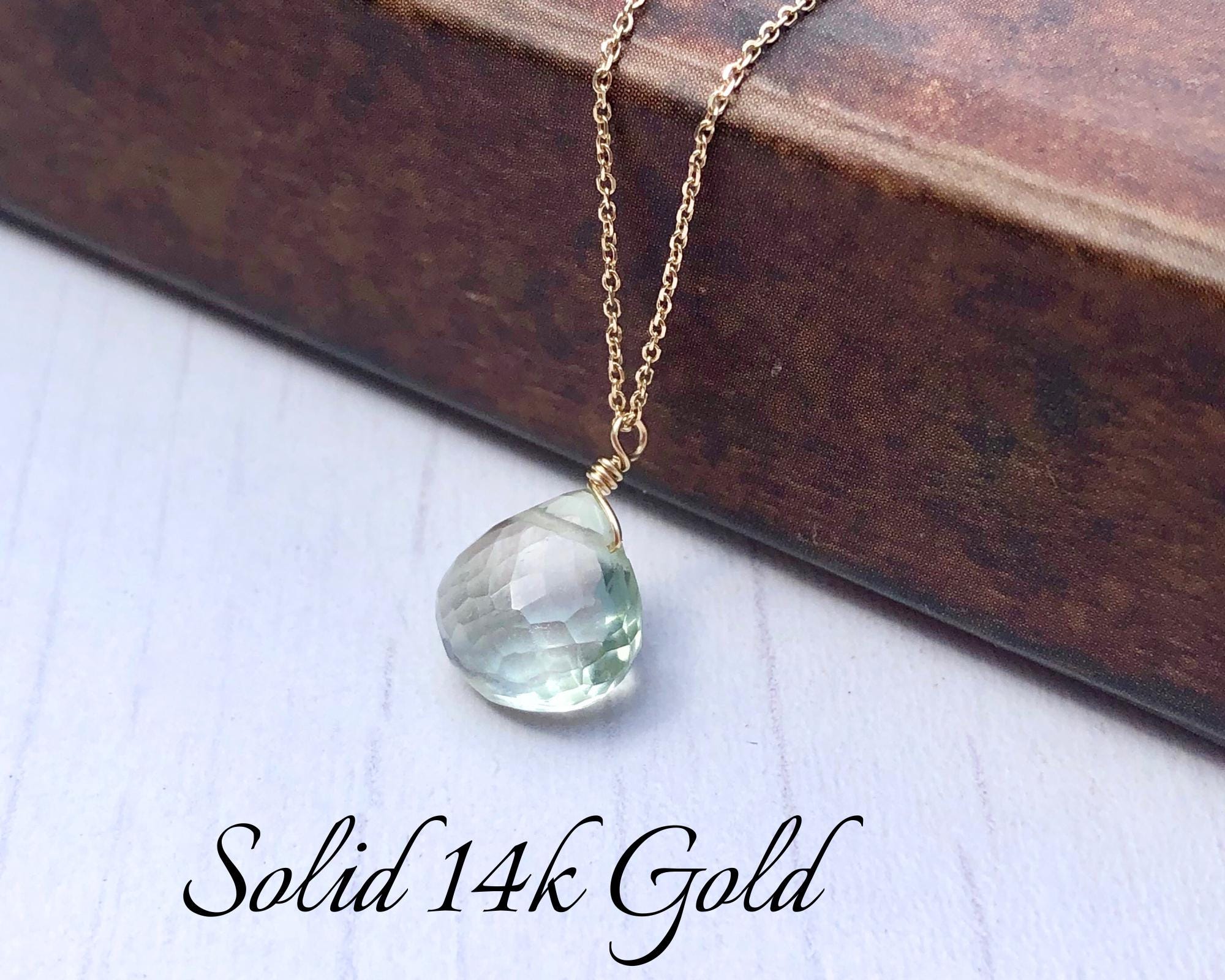 Green Amethyst Necklace, February Birthstone, Mint Green Teardrop Pendant, Solid 14k Gold, Real Gold Jewelry, Minimal Layering, Gift For Her