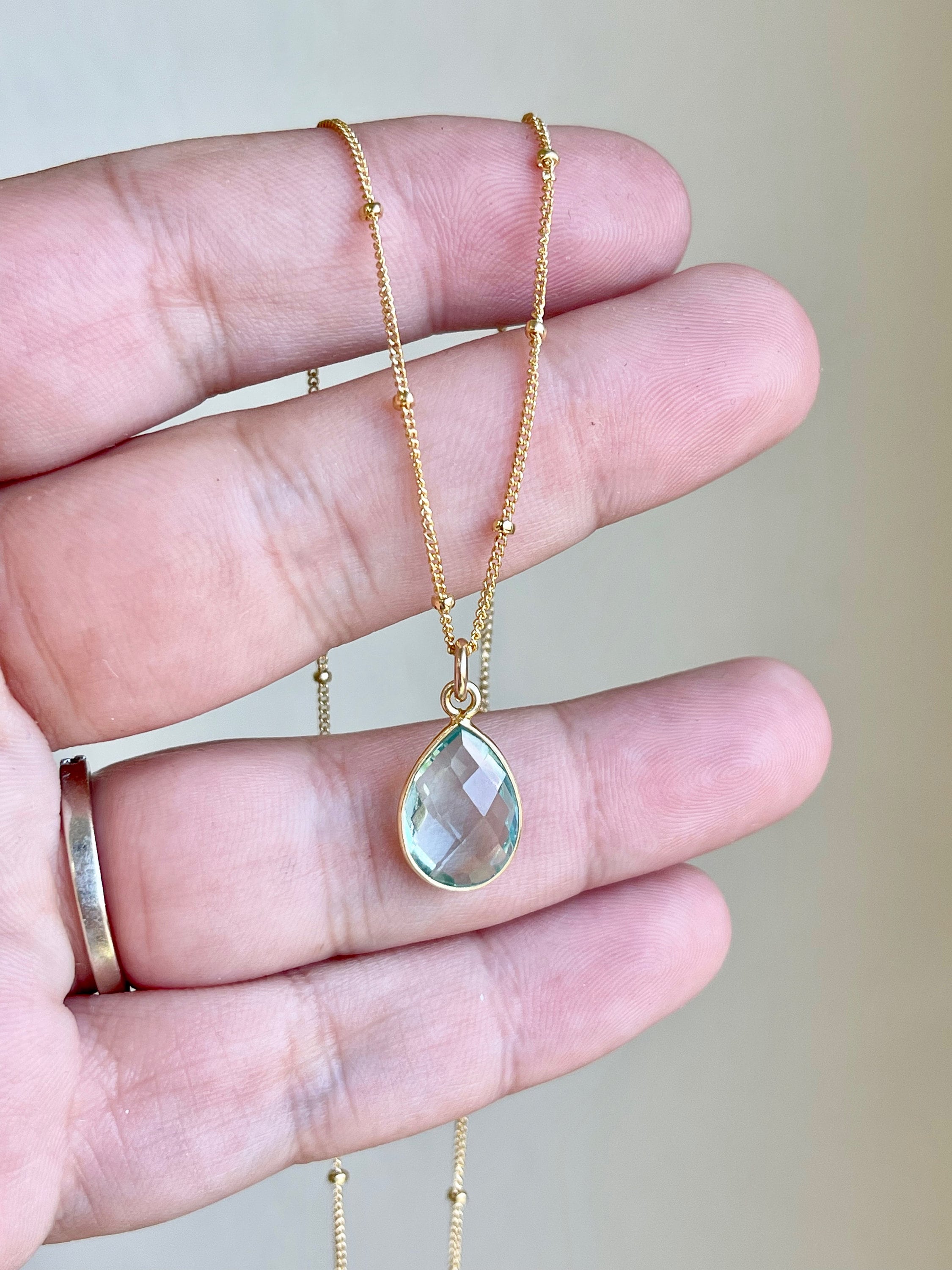 Green Amethyst Necklace, Green Prasiolite Teardrop Pendant In Gold Or Silver, Minimalist Mint Layering Jewelry, Boho Chic Gift For Her