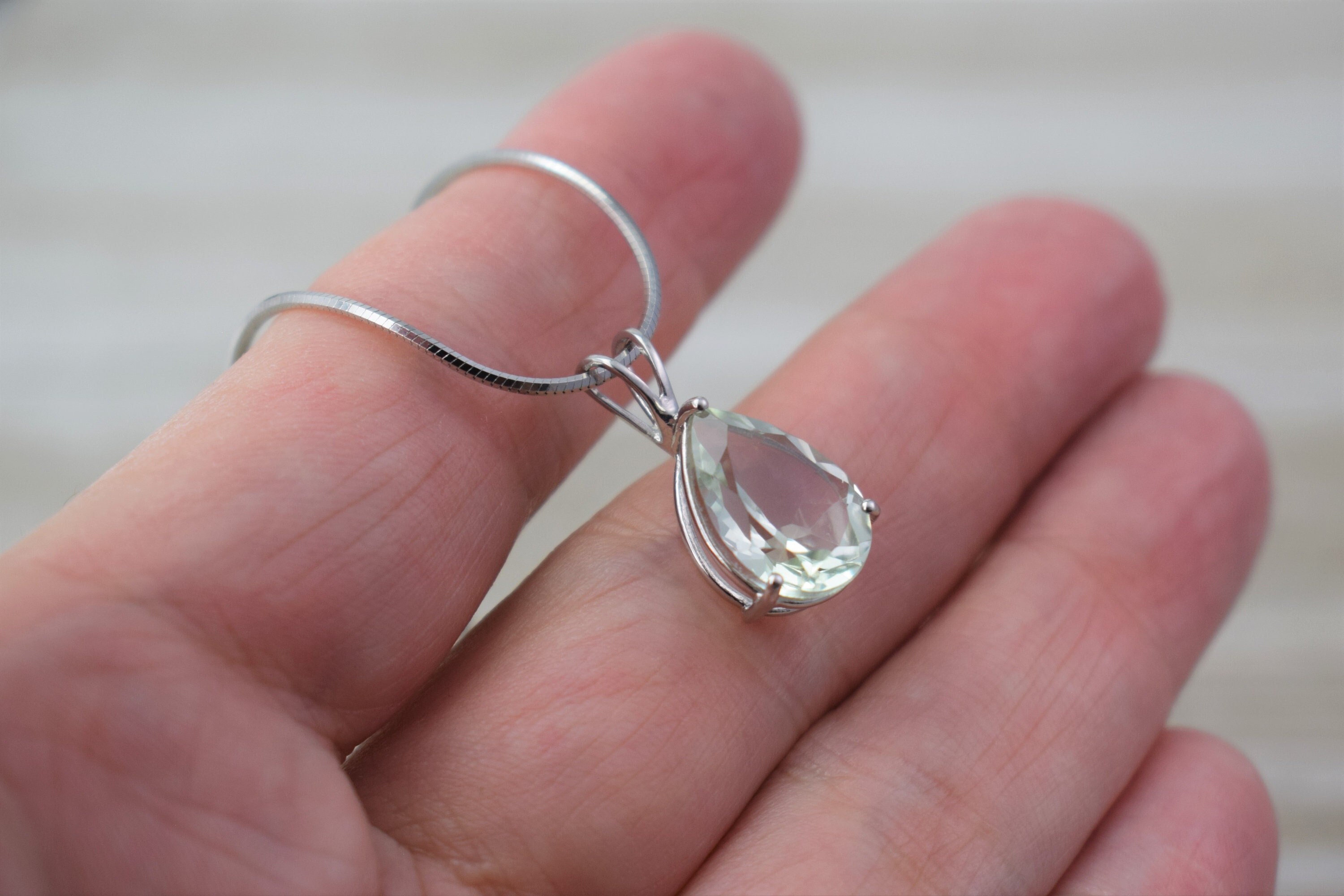 Green Amethyst Pear Pendant Necklace (sterling Silver) - Faceted Gemstone - 10 X 14 Mm