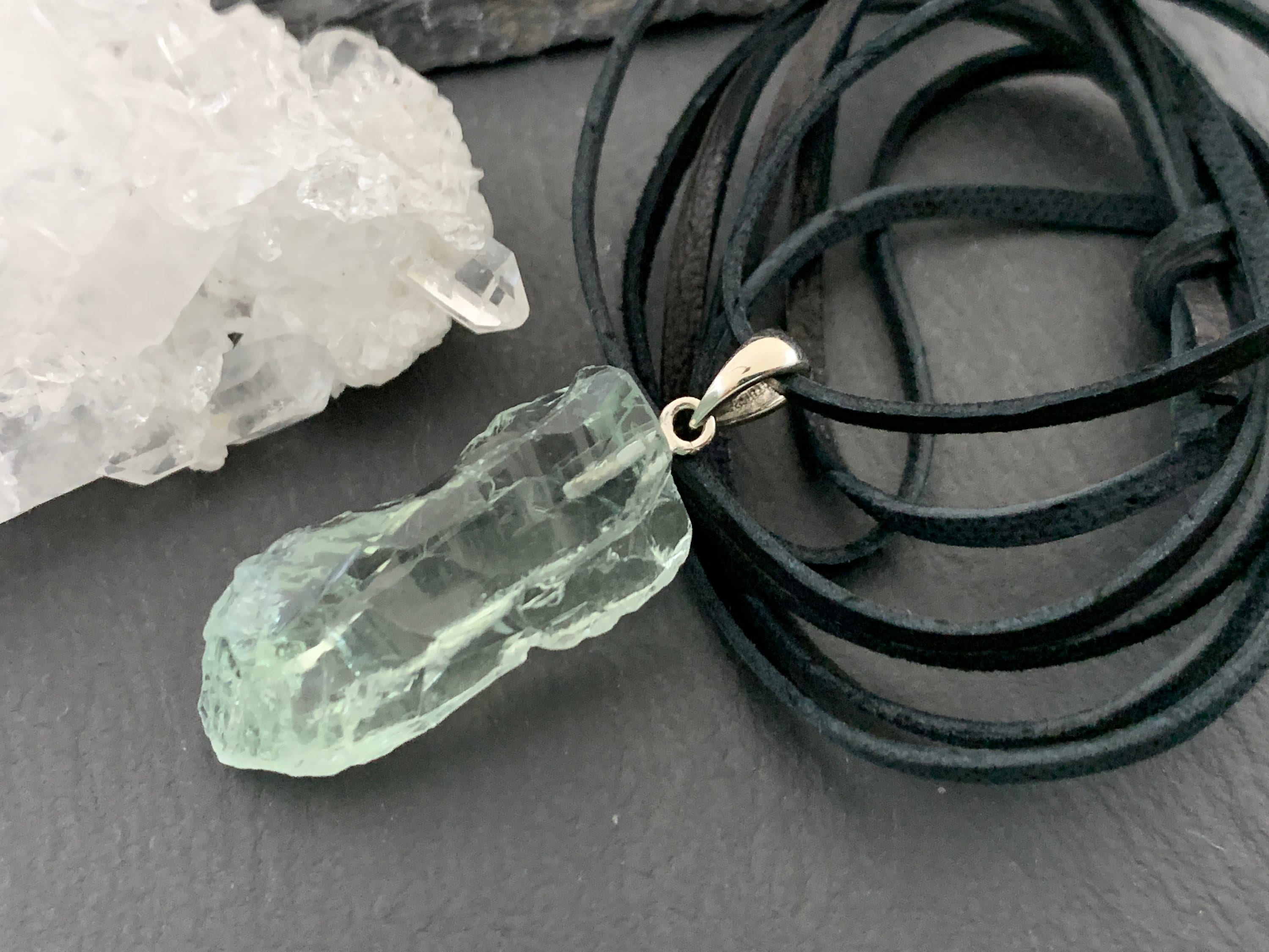 Prasiolite Gemstone Pendant - Oval, Sterling Silver On Leather Cord