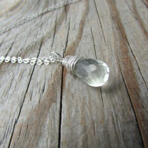 Prasiolite Necklace, Pale Green Quartz Pendant, Micro Faceted Gemstone, Wire Wrapped Prasiolite