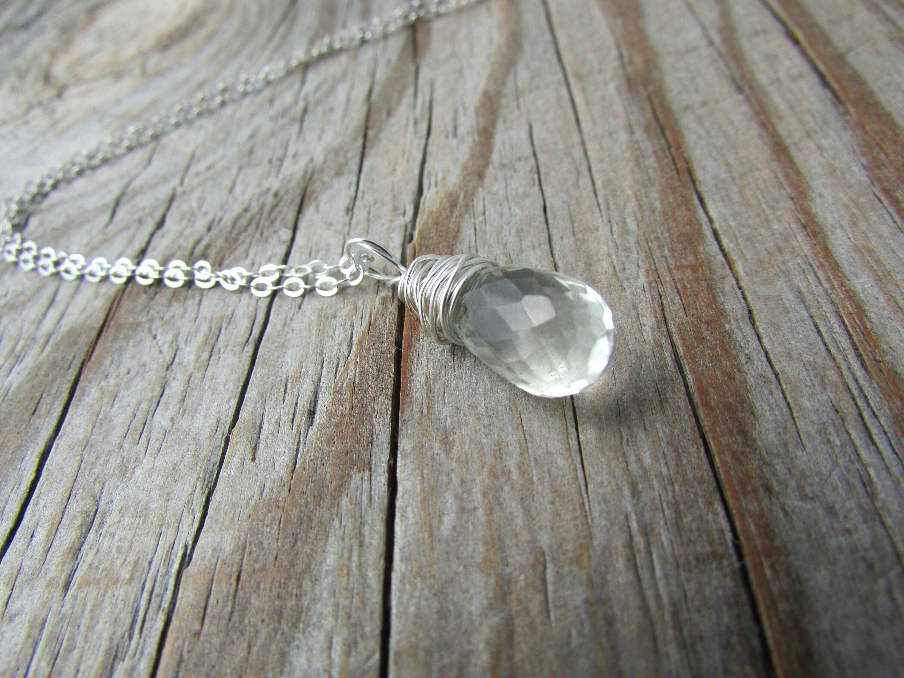 Prasiolite Necklace, Pale Green Quartz Pendant, Micro Faceted Gemstone, Wire Wrapped Prasiolite