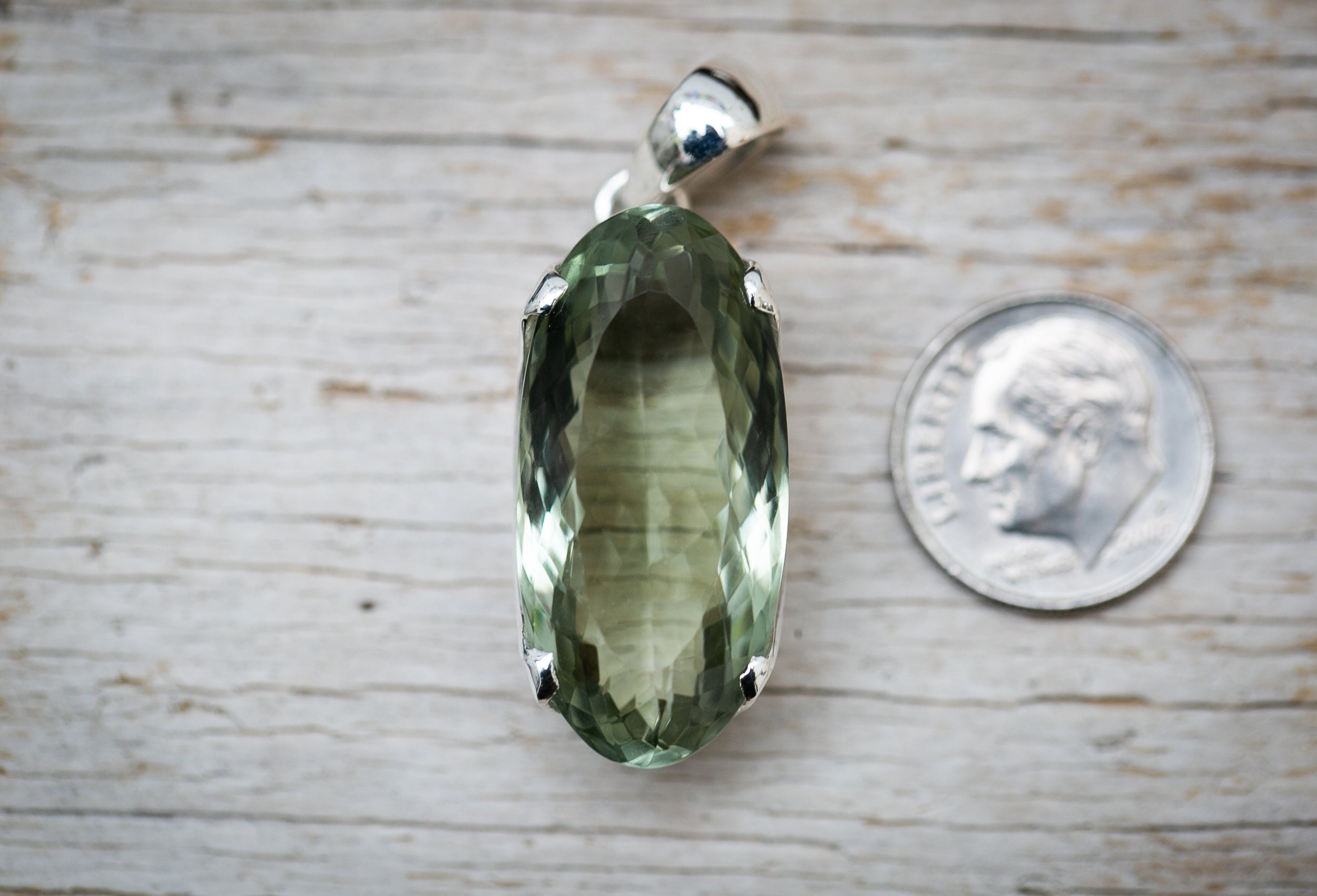 Prasiolite Pendant: Oval Cut Green Amethyst, Sterling Silver Prasiolite Pendant: Oval Cut Green Amethyst, Sterling Silver