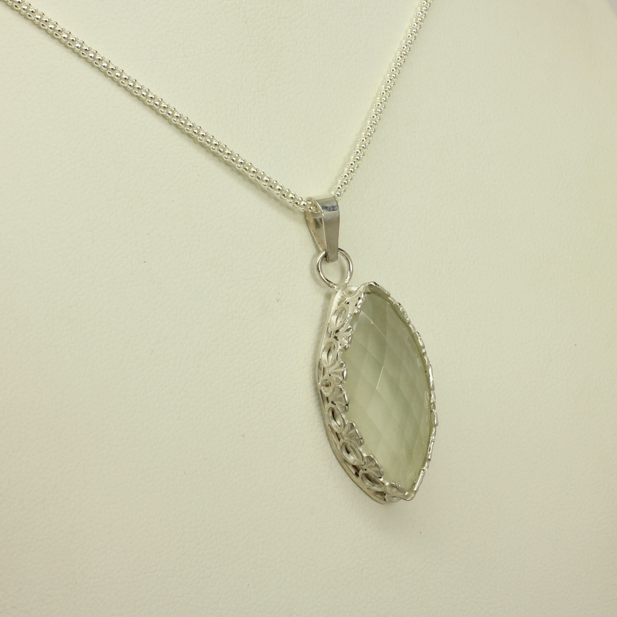 Prasiolite Silver Necklace, Custom Faceted Marquise Light Green Gemstone, Sterling Silver Pendant, 925 Silver Adjustable Popcorn Link Chain