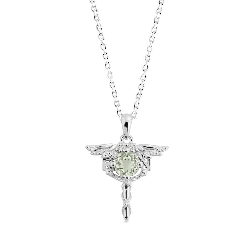 Round Natural Green Amethyst Caduceus Necklace, Green Stone Rn Caduceus Pendant Graduation Gift