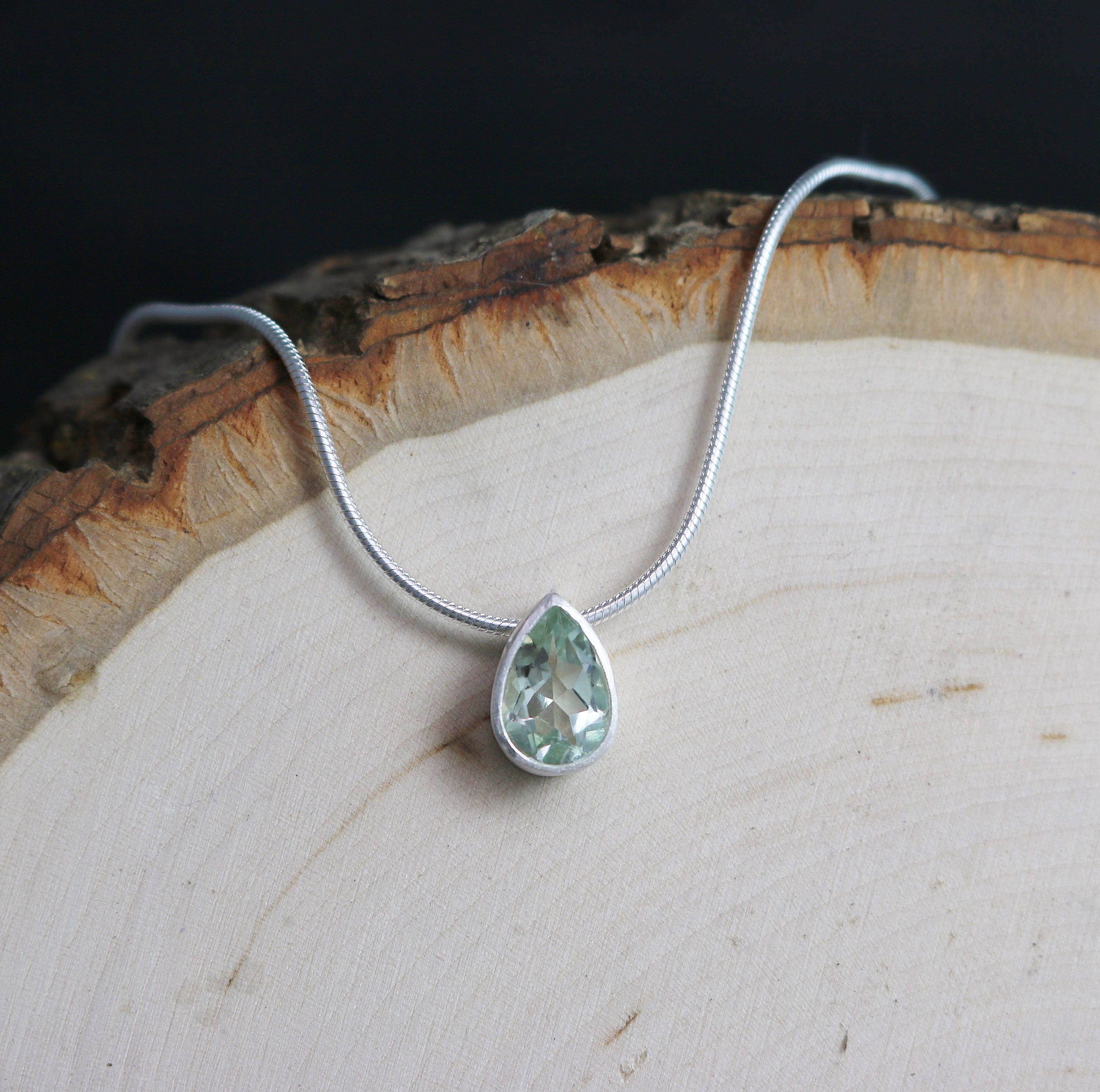 Sterling Silver Pear Shape Prasiolite Pendant, Sliding Pendant, Bezel Set, Tear Drop Pendant, Gift For Her, Green Amethyst, Ready To Ship