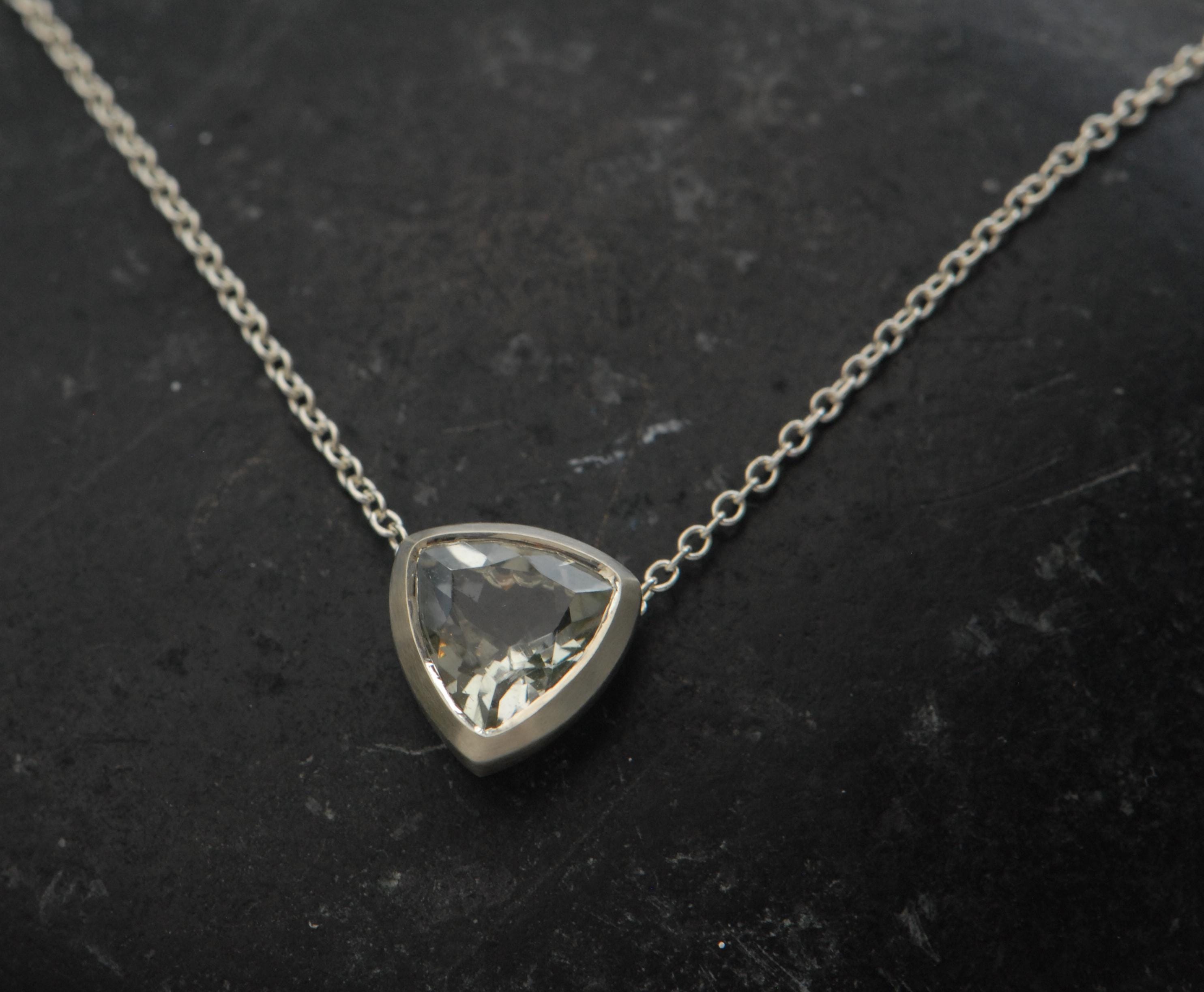 Green Amethyst Trillion Necklace, Green Gemstone Pendant In Silver, Gift For Her
