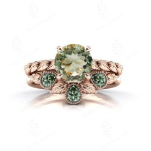 14K Gold Green Amethyst Engagement Ring Set Art Deco Vine Wedding Ring Set Unique Green Gemstone Ring Set    Antique Leaf Deisgn Ring Set