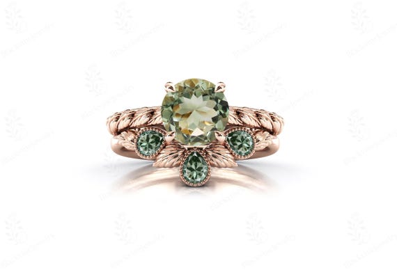 14k Gold Green Amethyst Engagement Ring Set Art Deco Vine Wedding Ring Set Unique Green Gemstone Ring Set Antique Leaf Deisgn Ring Set