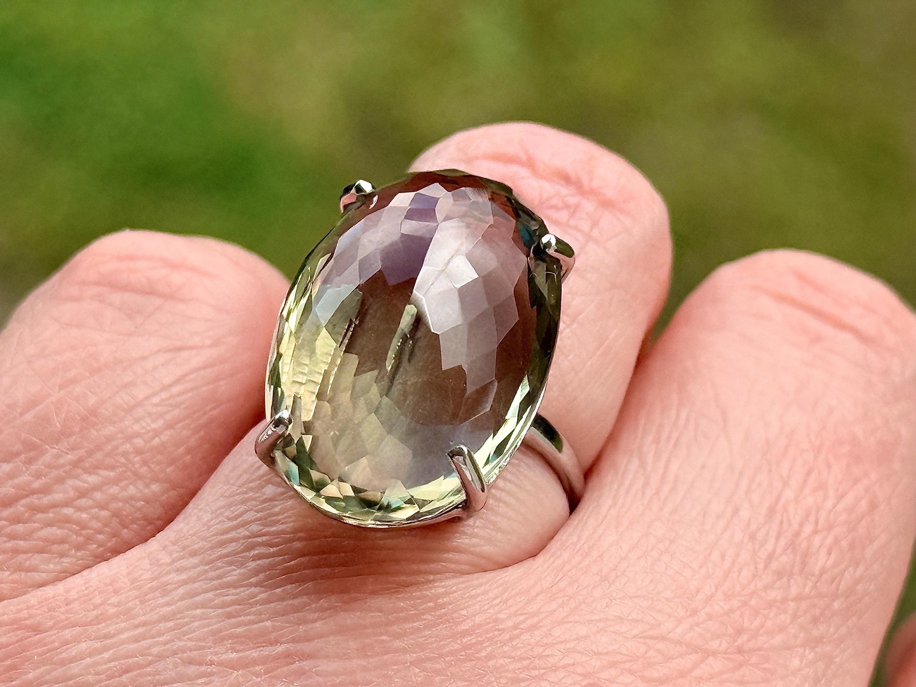 25 Ct Large Green Amethyst Ring, Size 7, Gold Plated Sterling Silver 25 Ct Large Green Amethyst Ring, Size 7, Gold Plated Sterling Silver