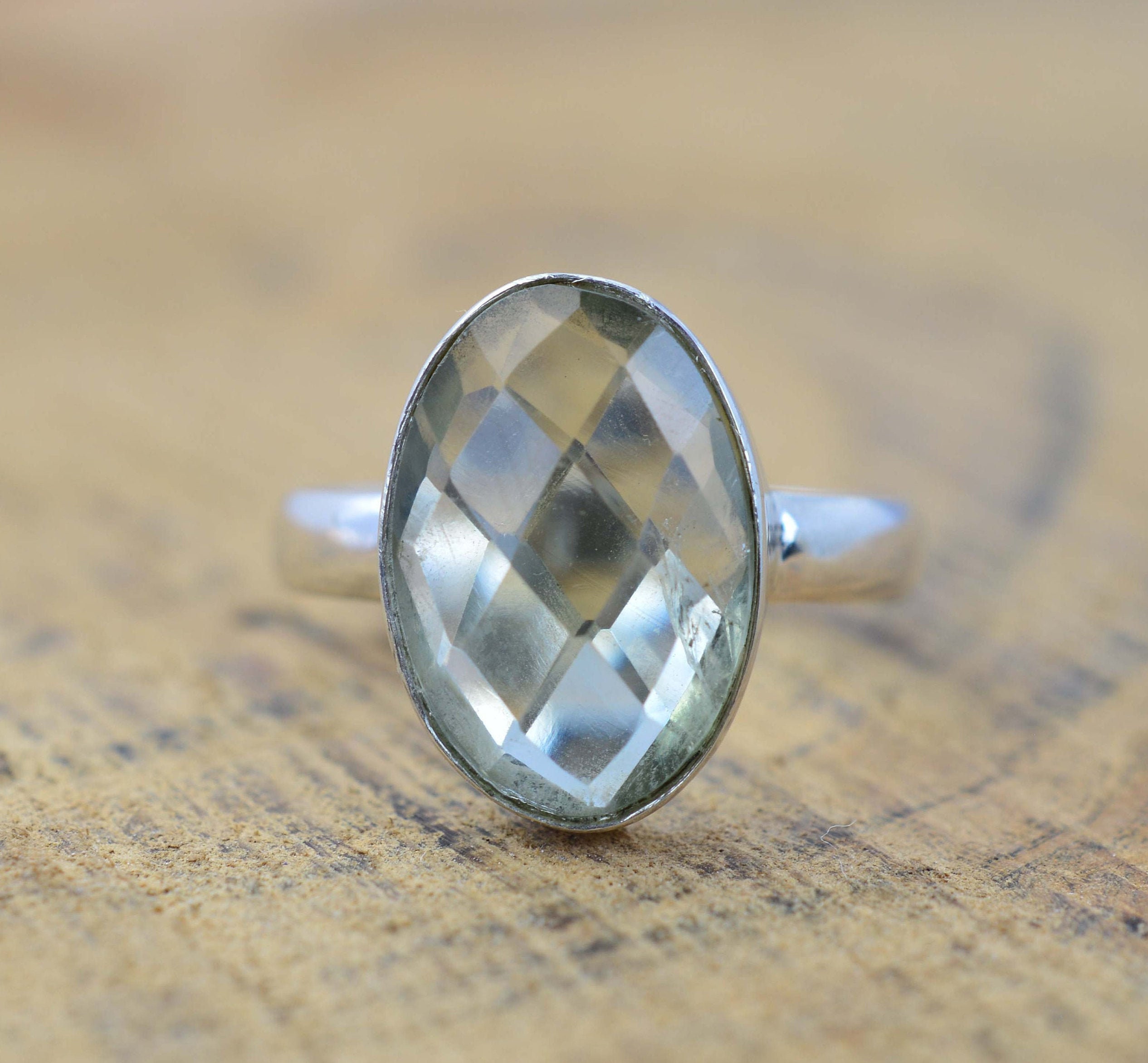 Amethyst 925 Sterling Silver Cut Green Amethyst Oval Shape Gemstone Ring