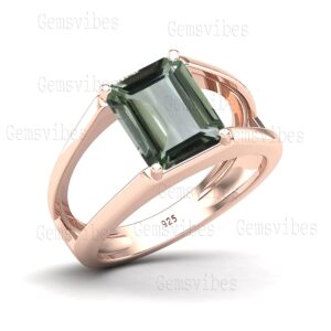Emerald Cut Green Amethyst Ring, 925 Sterling Silver Statement Ring