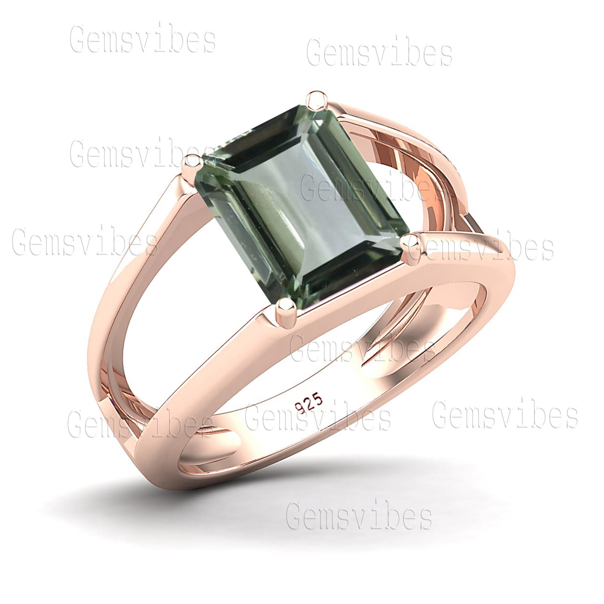 Emerald Cut Green Amethyst Ring, 925 Sterling Silver Statement Ring Emerald Cut Green Amethyst Ring, 925 Sterling Silver Statement Ring
