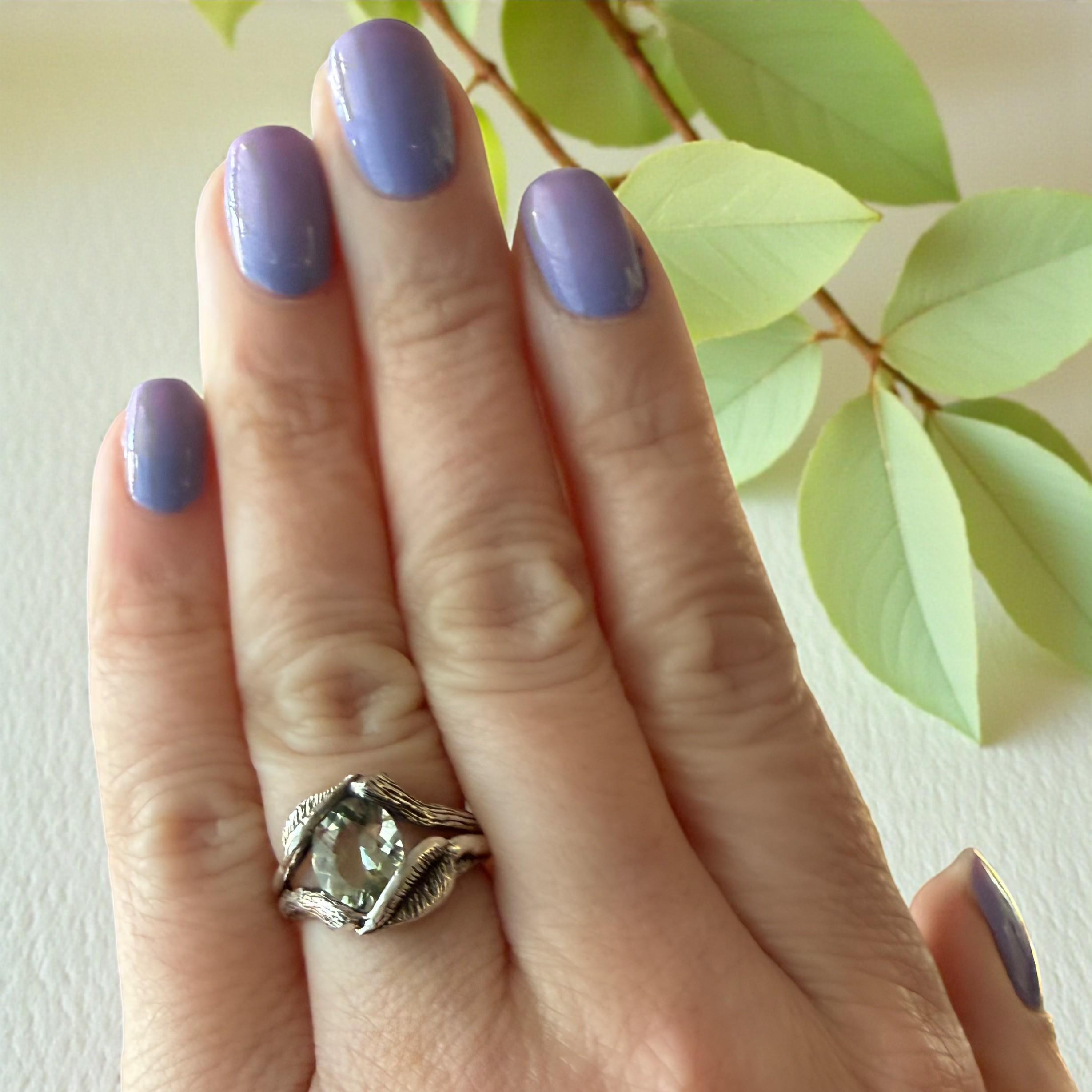 Floating Oval Green Amethyst Gemstone Sterling Silver Ring By Dv Designs