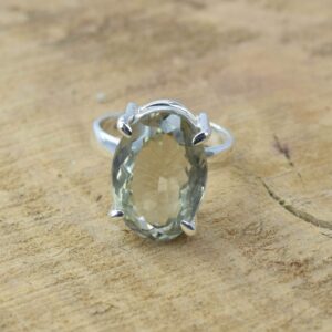Green Amethyst Ring: Handmade Faceted Oval, 925 Sterling Silver Green Amethyst Ring: Handmade Faceted Oval, 925 Sterling Silver