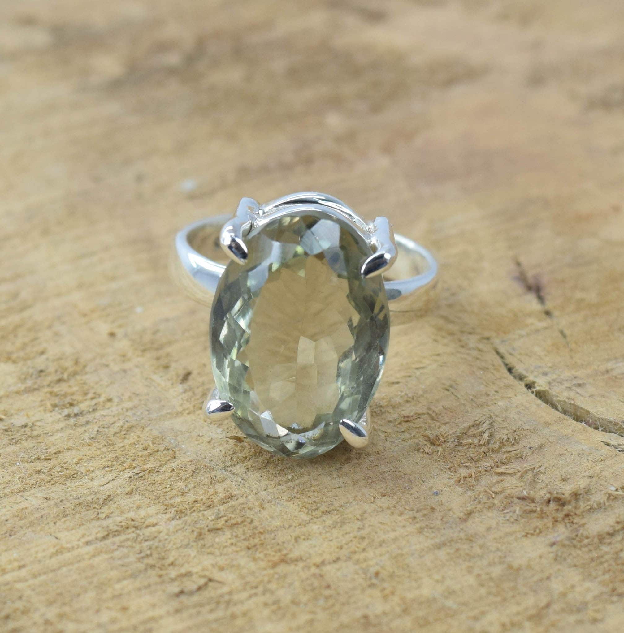 Green Amethyst Ring: Handmade Faceted Oval, 925 Sterling Silver Green Amethyst Ring: Handmade Faceted Oval, 925 Sterling Silver