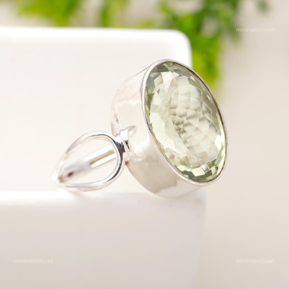 Handmade Green Amethyst Ring: Faceted Oval Sterling Silver Statement Ring