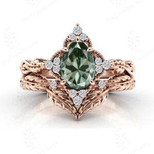 Mint Color Green Amethyst Ring Set For Women Vintage Leaf Design Wedding Ring Set 14k Gold Amethyst 2 Piece Engagement Ring Set Gift For Her Mint Color Green Amethyst Ring Set For Women Vintage Leaf Design Wedding Ring Set 14k Gold Amethyst 2 Piece Engagement Ring Set Gift For Her