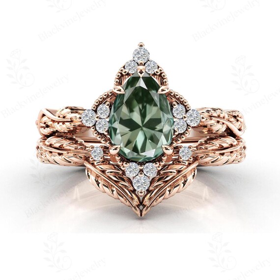 Mint Color Green Amethyst Ring Set For Women Vintage Leaf Design Wedding Ring Set 14k Gold Amethyst 2 Piece Engagement Ring Set Gift For Her