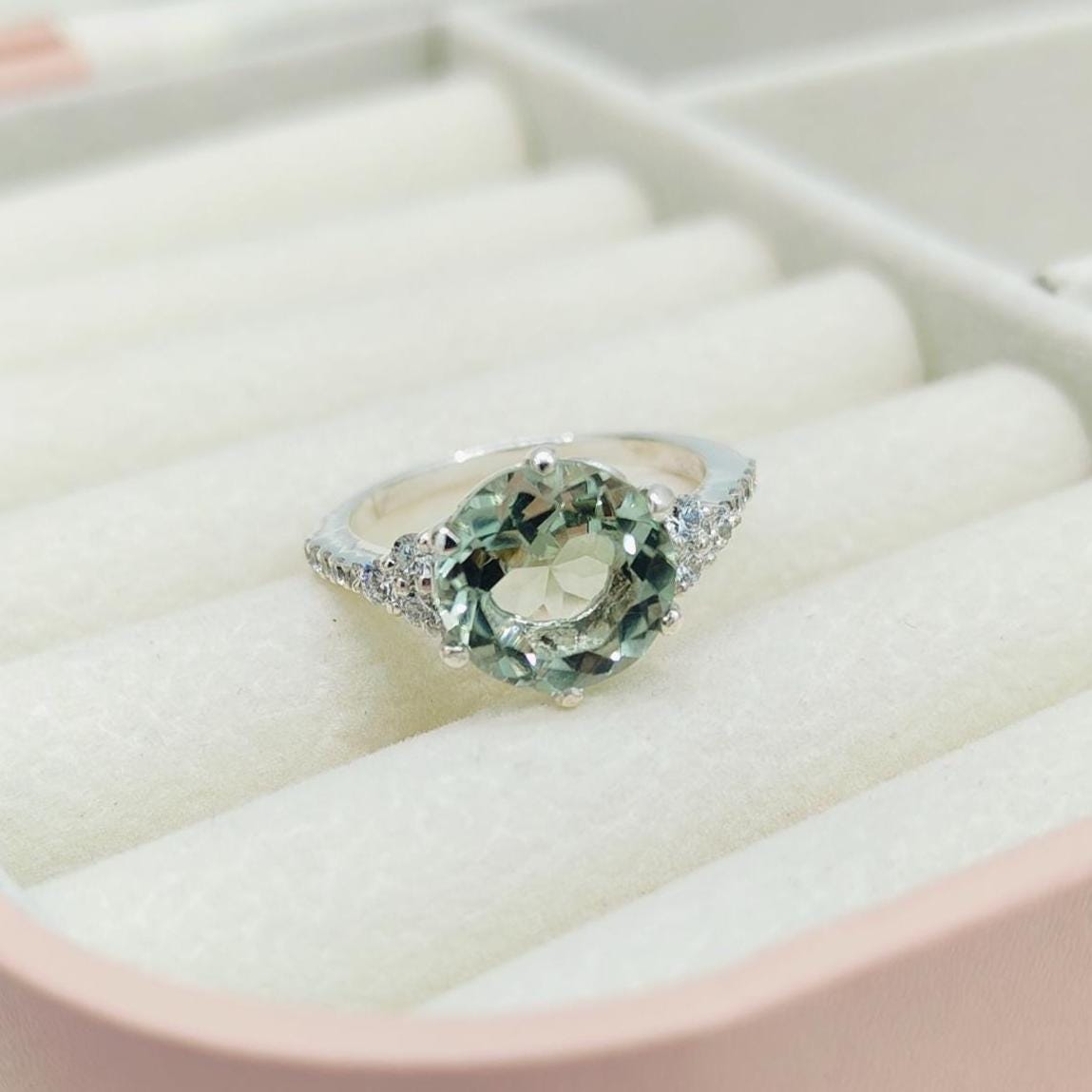 Natural Green Amethyst Ring, Round Cut Green Amethyst Ring, 925 Sterling Silver Ring, Green Amethyst Wedding Ring Green Amethyst Silver Ring