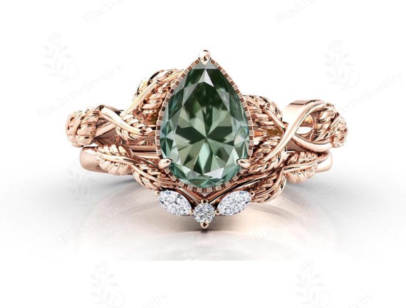 Pear Cut Green Amethyst Engagement Ring Set Vine Leaf Design Wedding Ring Set 14k Gold Green Amethyst Bridal Ring Set Women Anniversary Gift